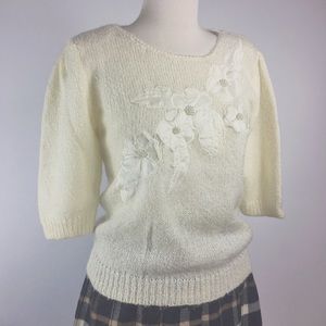 Vintage 90s Pearls & Flower Embellised 3/4 Sleeves Beige Sweater Small/Medium